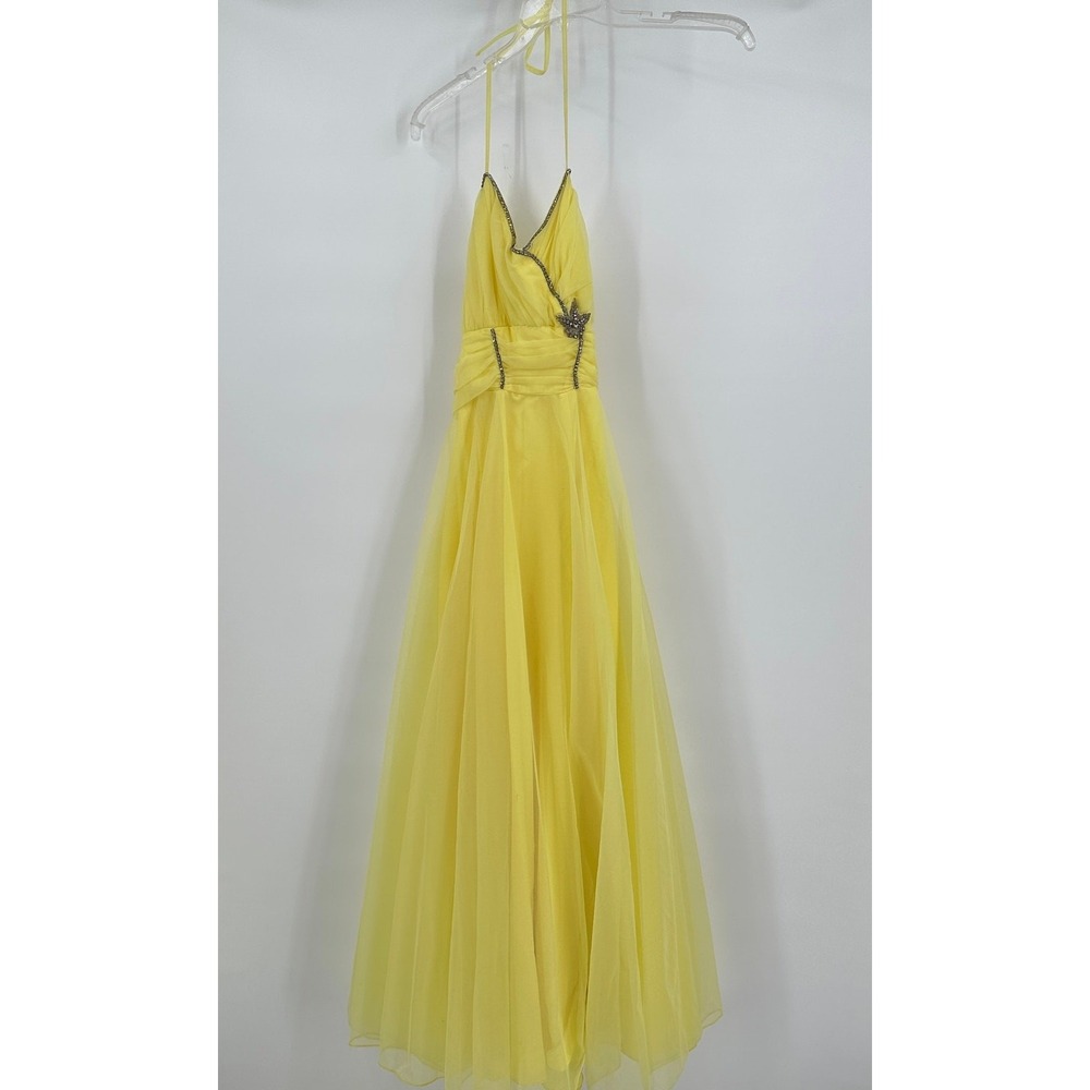 Vintage Womens Princess Chiffon Halter Gown Rhinestone Trim Maxi Dress Sz 5 70s